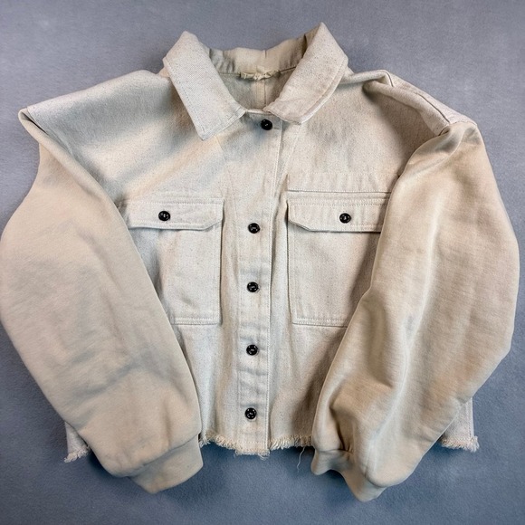 Roolee Jackets & Blazers - Roolee Cream Cropped Denim Jacket Mixed Media Knit Sleeves Raw Hem Small OI5312